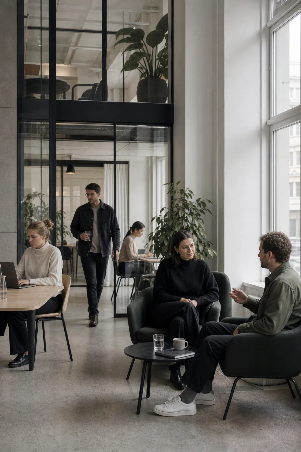 Fem personer arbetar och samtalar i en ljus coworkingmiljö med nordisk inredning